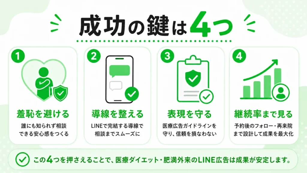 羞恥への配慮、導線整理、広告表現、継続率評価という成功の要点をまとめたイラスト