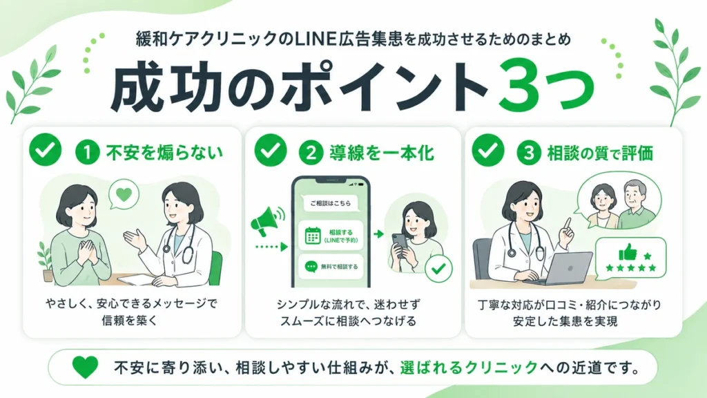 緩和ケアクリニックのLINE広告集患を成功させる3つのポイントをまとめたイラスト