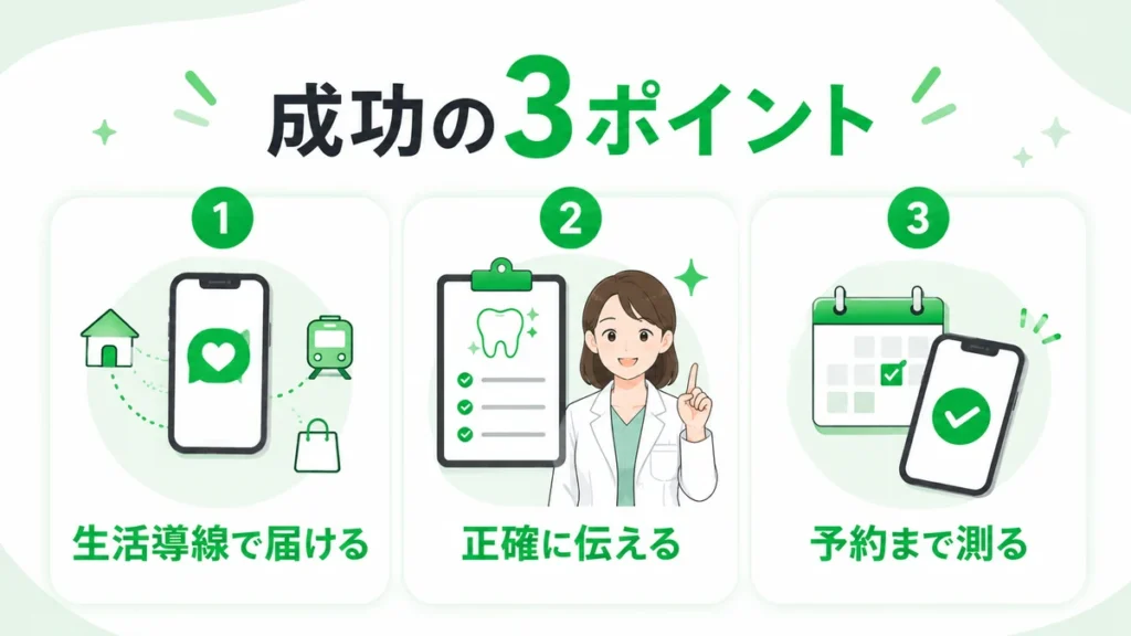審美歯科とホワイトニングのLINE広告を成功させる3つのポイントをまとめたイラスト