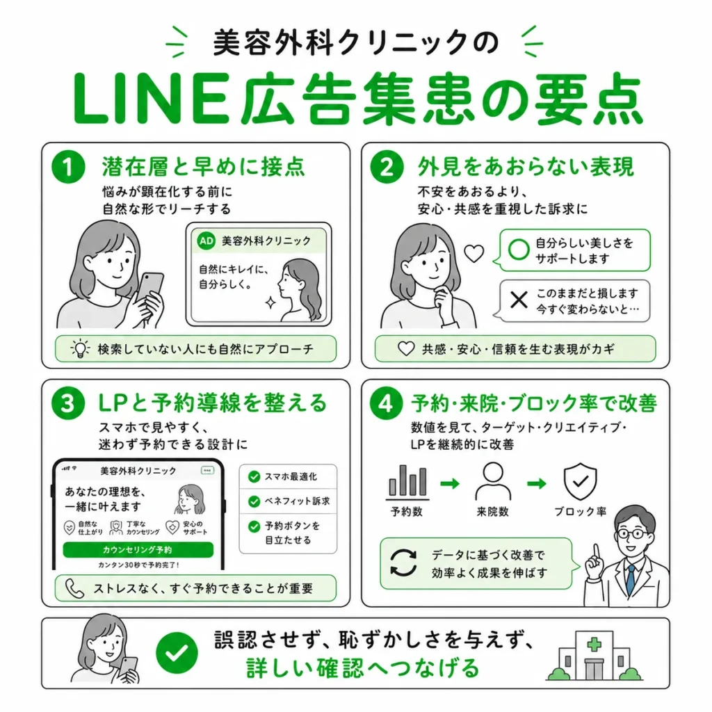 美容外科クリニックのLINE広告集患で押さえるべき要点を4つに整理したまとめイラスト