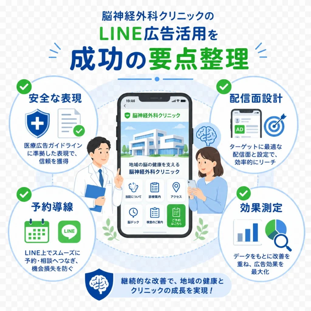 安全な表現、配信面設計、予約導線、効果測定をまとめたLINE広告活用の要点整理イラスト