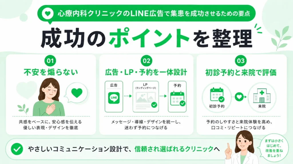 心療内科クリニックのLINE広告で集患を成功させる要点を整理したまとめ図解