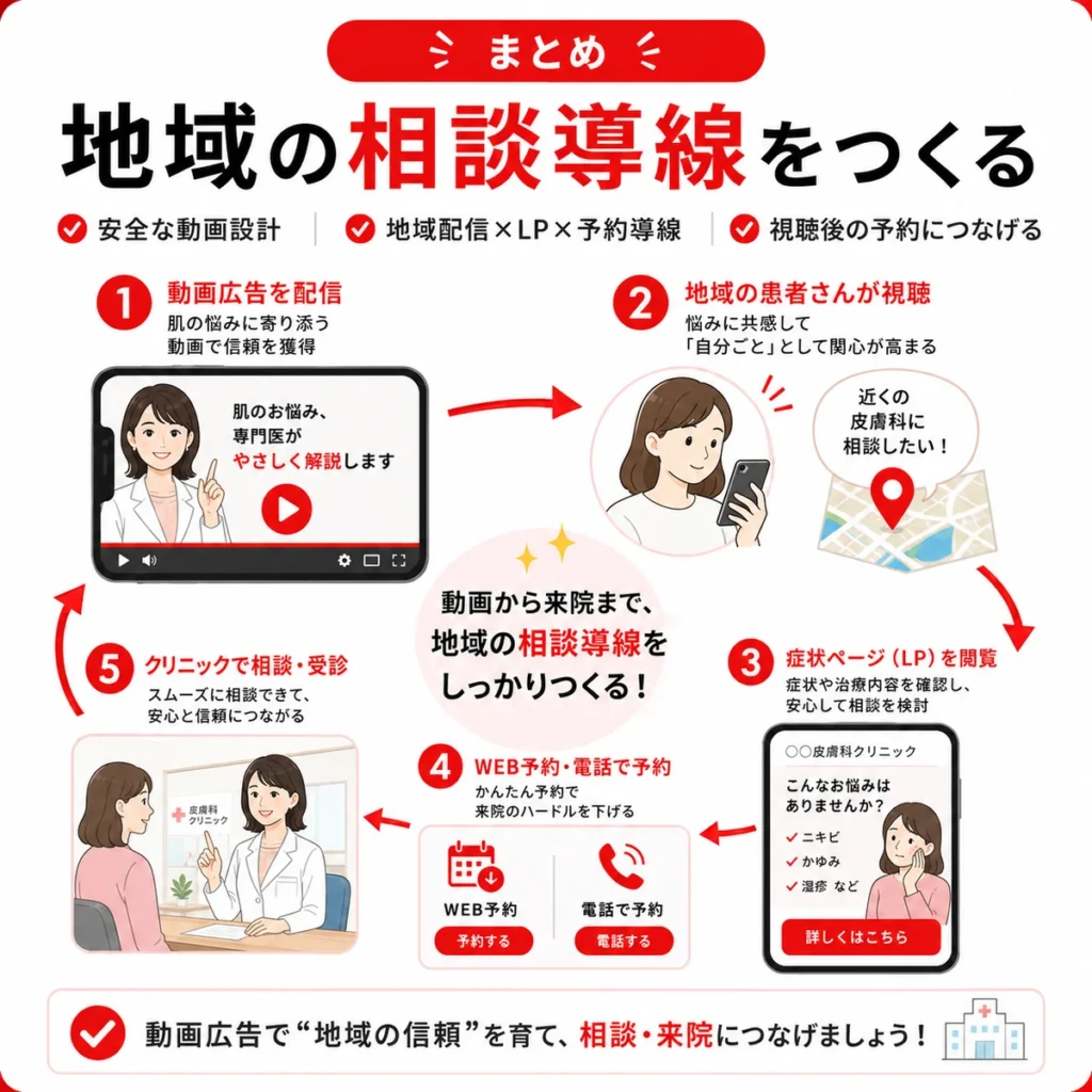 皮膚科YouTube広告で地域の相談導線をつくる全体の流れをまとめたイラスト
