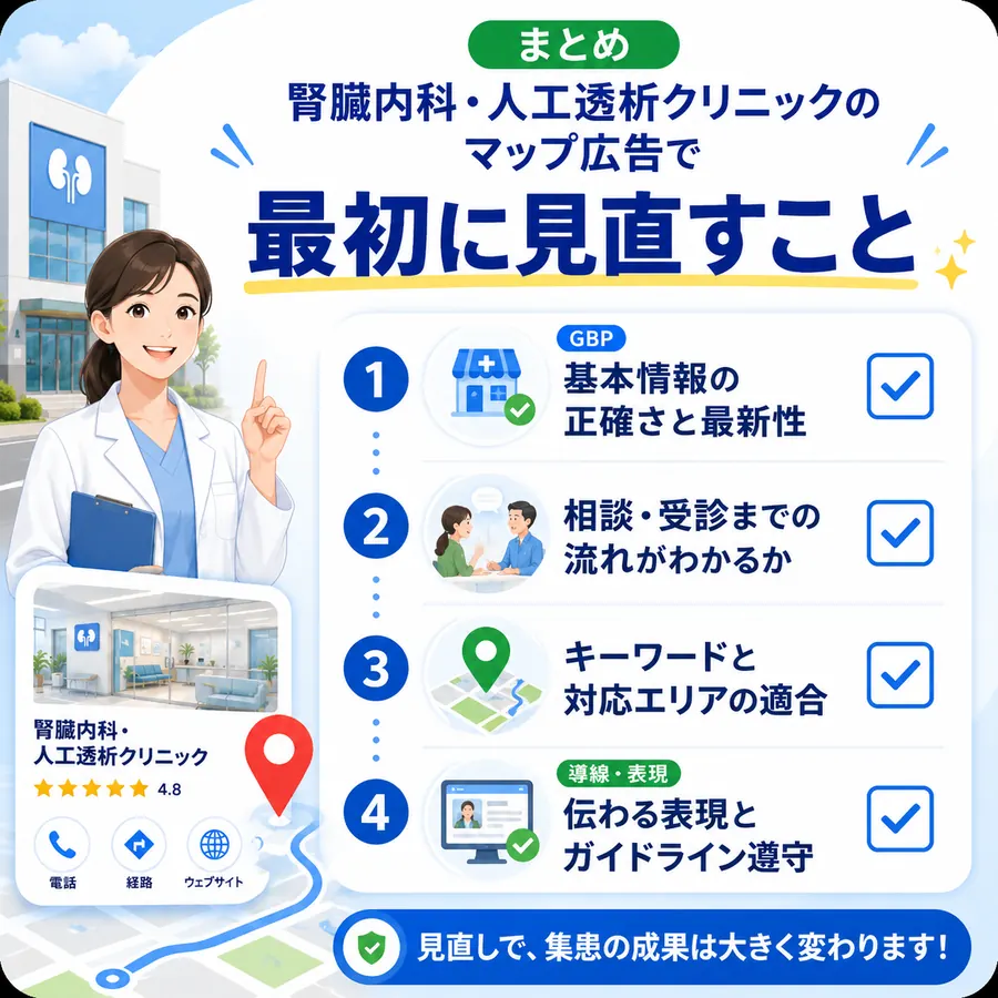 腎臓内科・人工透析クリニックのマップ広告で最初に見直すべきGBP・導線・表現をまとめたイラスト