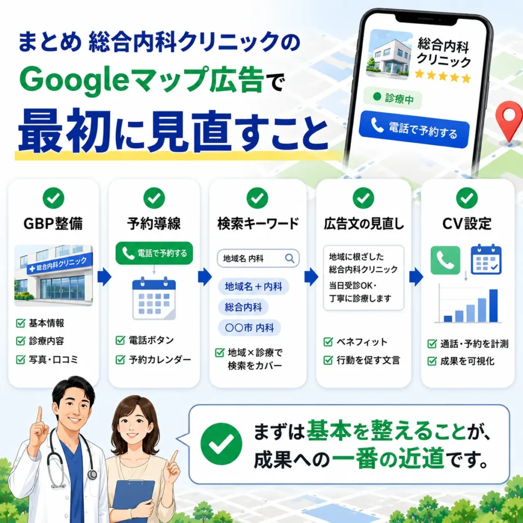 総合内科クリニックのGoogleマップ広告で最初に見直すGBP整備やCV設定のまとめイラスト