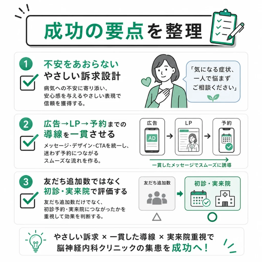 脳神経内科クリニックのLINE広告で集患を成功させる要点を整理したイラスト