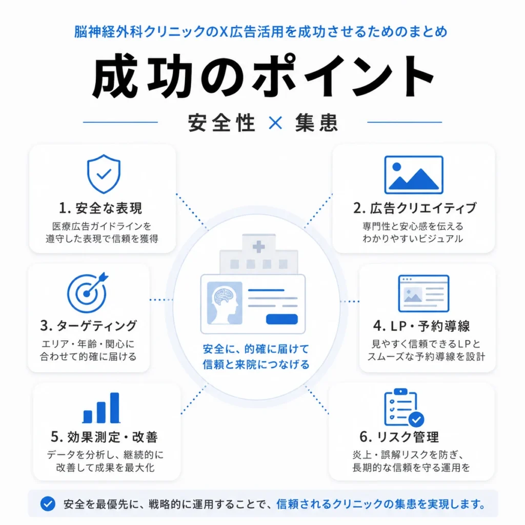 脳神経外科クリニックのX広告活用で安全性と集患を両立するポイントをまとめたイラスト