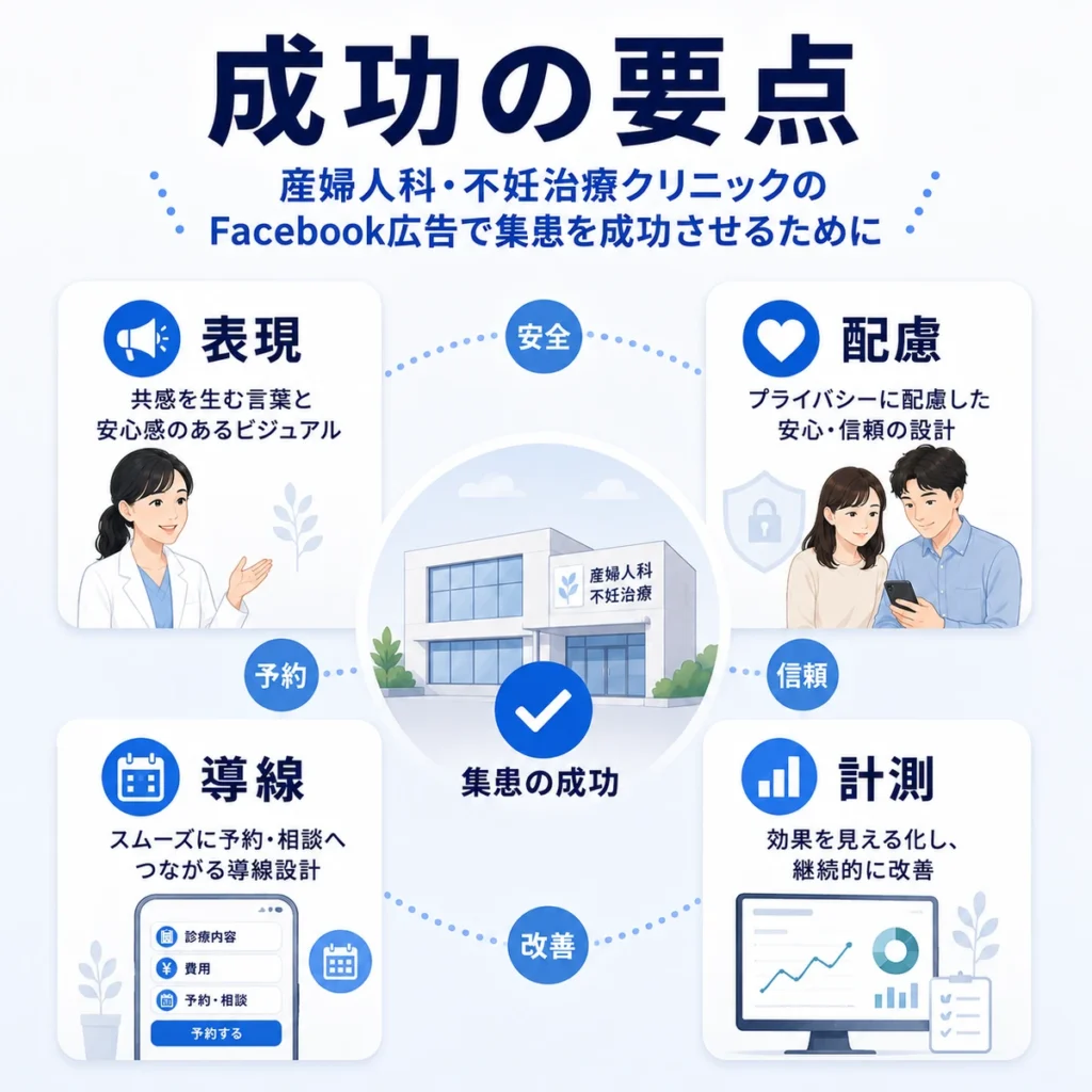 産婦人科・不妊治療クリニックのFacebook広告成功に必要な表現・配慮・導線・計測の要点をまとめたイラスト