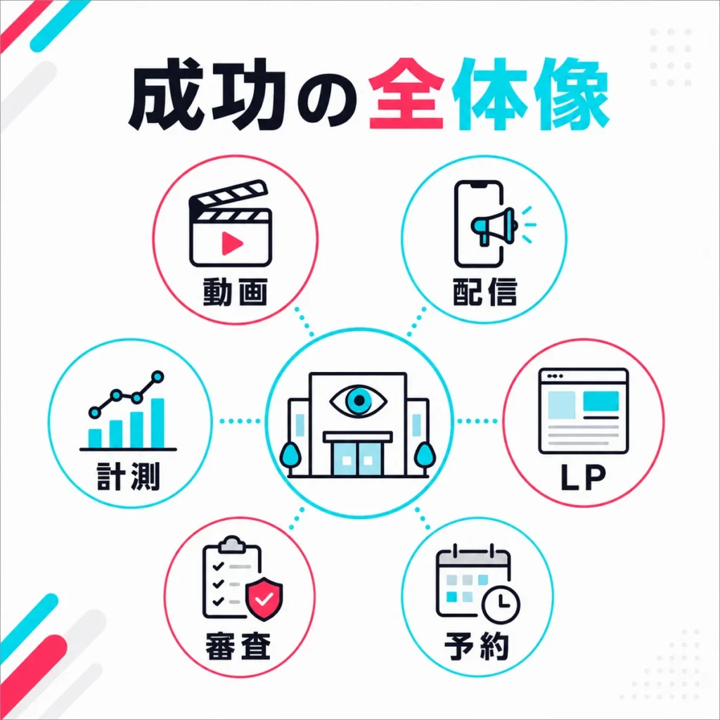 眼科クリニックのTikTok広告成功に必要な動画・配信・LP・予約・審査・計測の全体像を示すイラスト