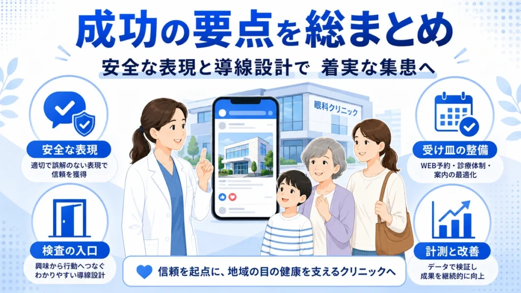 眼科クリニックのFacebook広告集患で安全な表現、検査の入口、予約導線、計測改善をまとめたイラスト