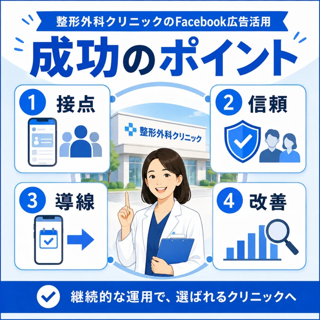 整形外科クリニックのFacebook広告活用を成功させる接点や信頼や導線や改善のポイントをまとめたイラスト
