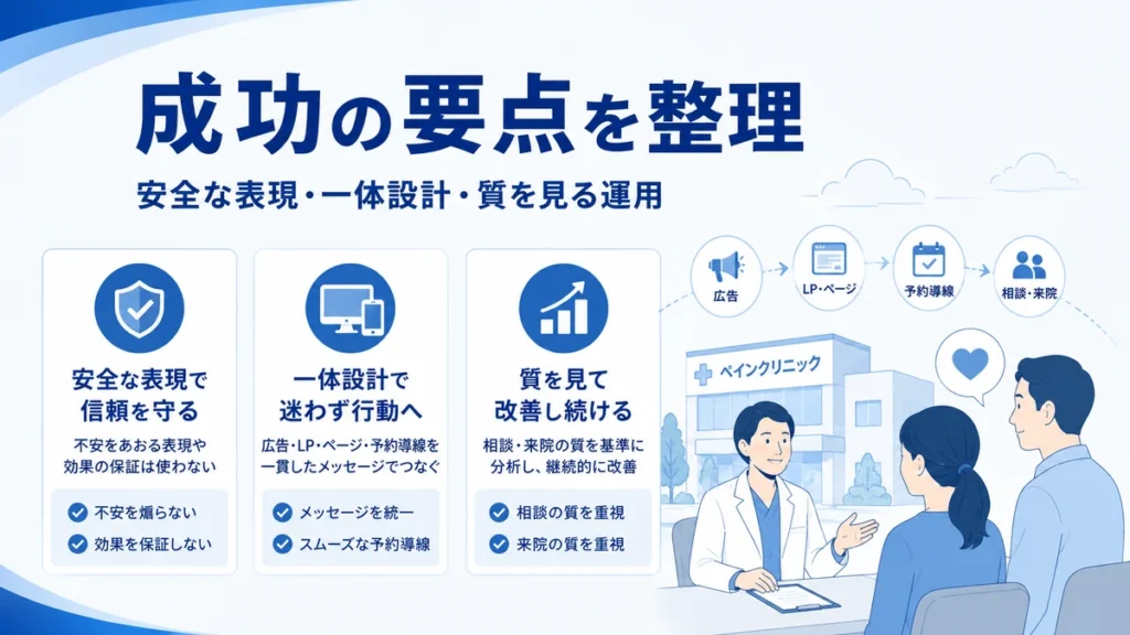 ペインクリニックのFacebook広告で安全な表現と一体設計、質を見る運用の要点を整理したイラスト