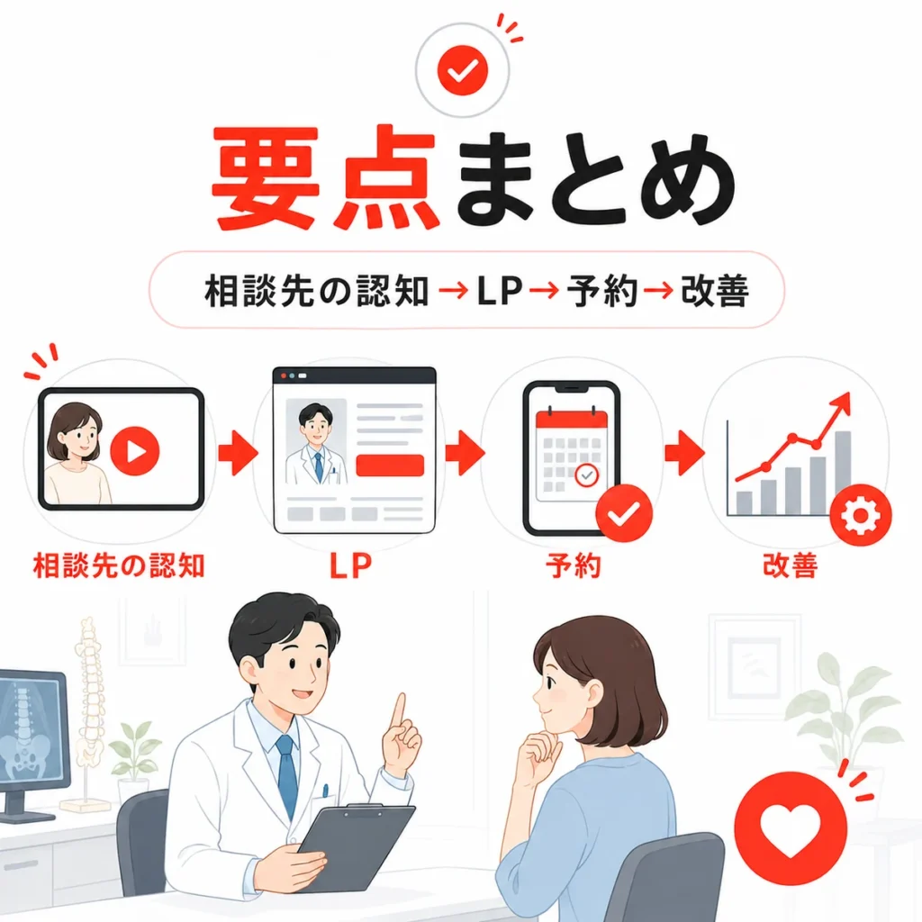 ペインクリニックのYouTube広告集患で相談先の認知からLP、予約、改善までの要点をまとめたイラスト
