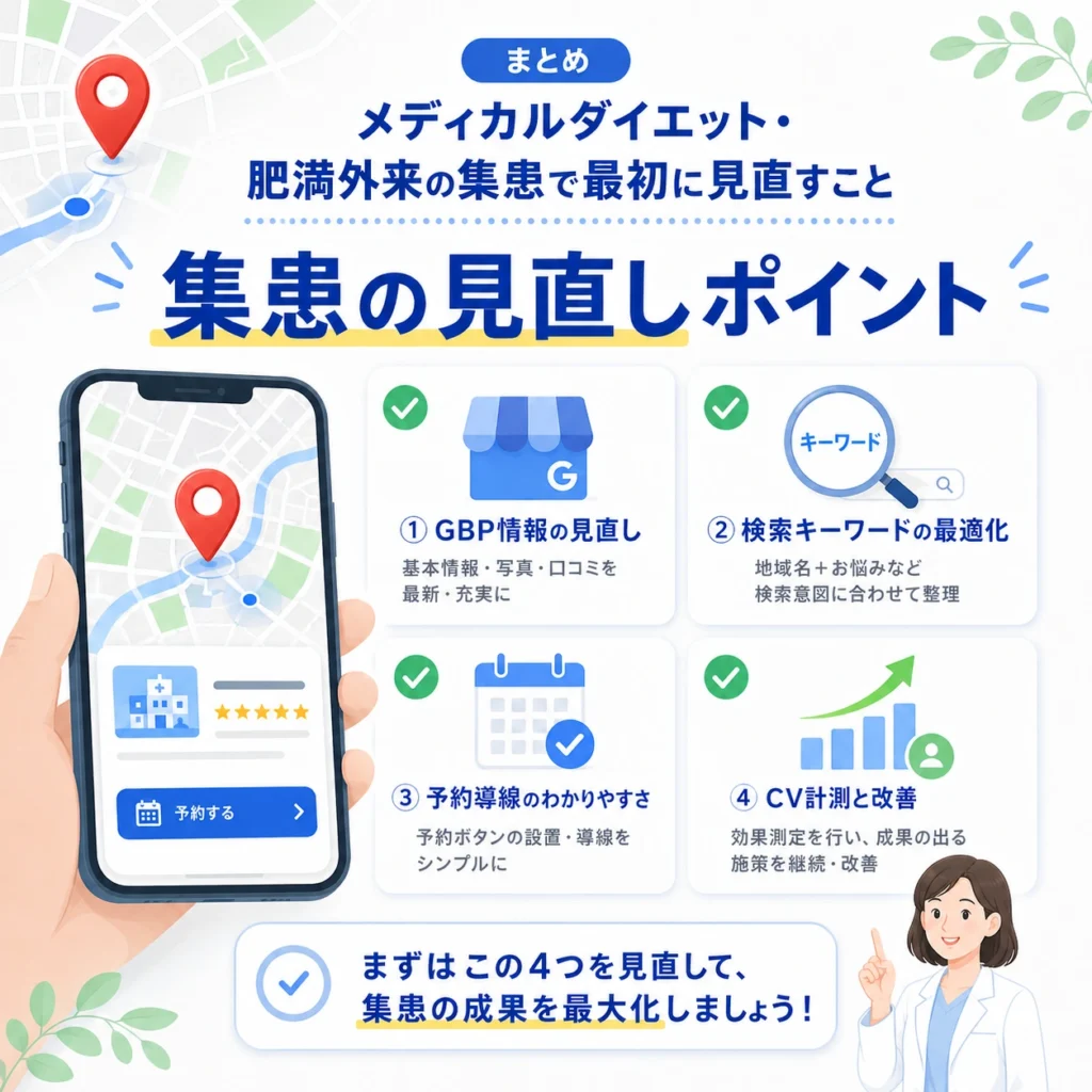 メディカルダイエット・肥満外来の集患で最初に見直すGBP情報、検索語、予約導線、CV計測をまとめたイラスト