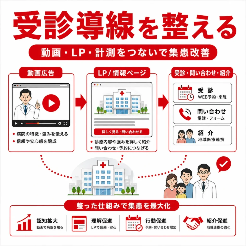 総合病院が動画広告からLP、受診導線、紹介導線まで整えるまとめイラスト