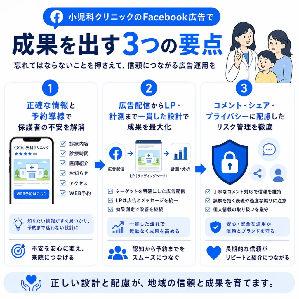 小児科クリニックのFacebook広告で成果を出すための情報設計とリスク管理の要点をまとめたイラスト