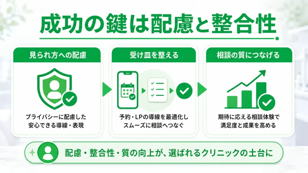 メンズヘルスLINE広告成功の鍵となる配慮・整合性・相談の質をまとめたイラスト