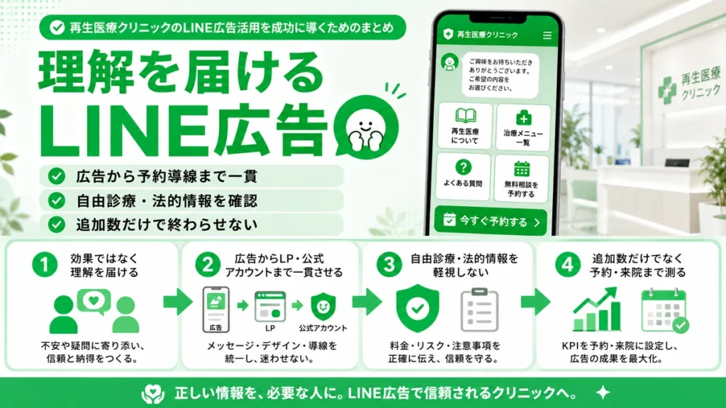 再生医療クリニックのLINE広告活用を成功に導く要点をまとめたイラスト