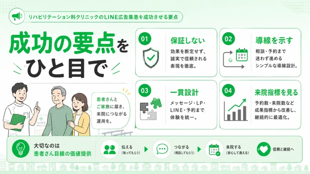 リハビリテーション科クリニックのLINE広告集患を成功させる要点をまとめたイラスト