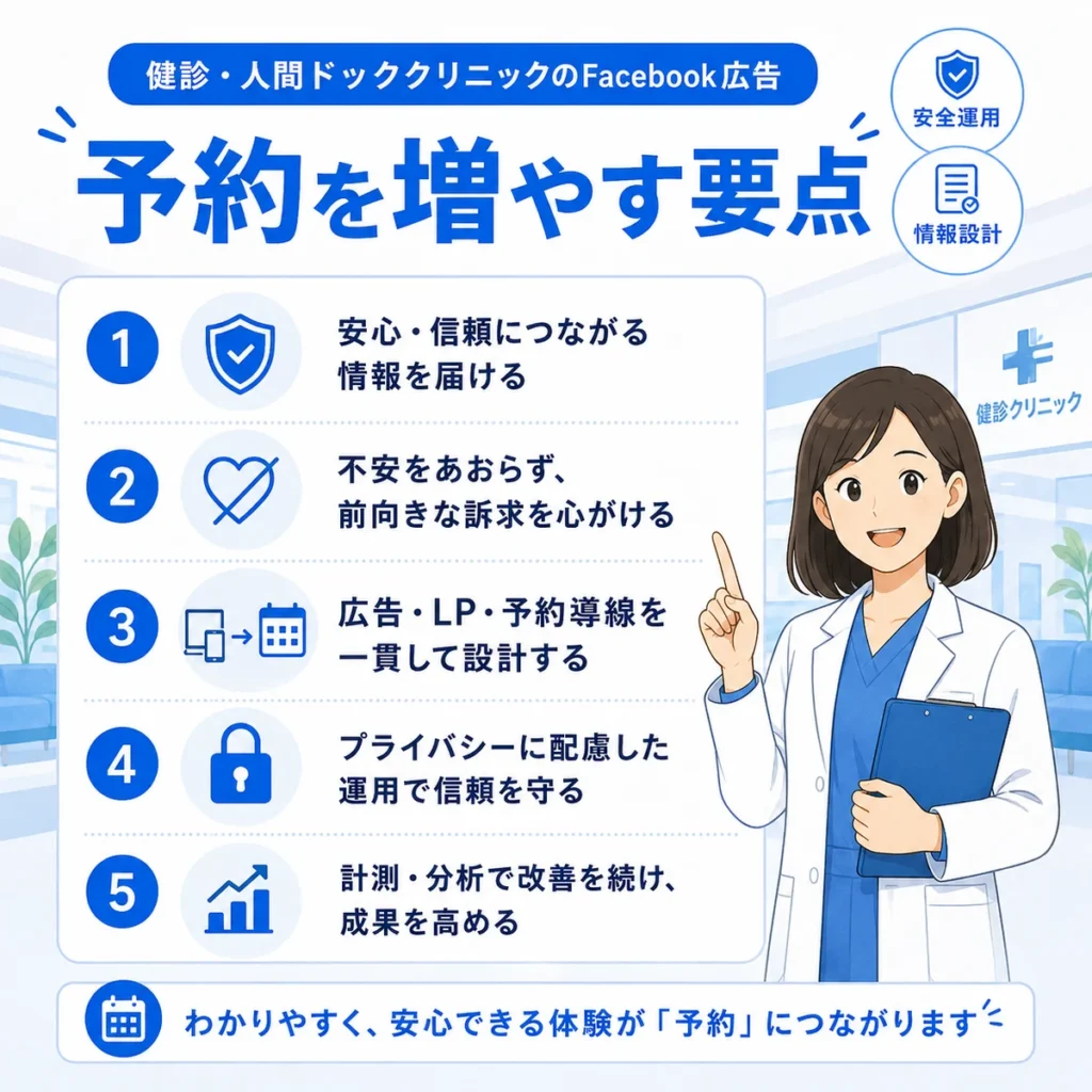 健診・人間ドッククリニックのFacebook広告で予約を増やすための要点をまとめたチェックリスト画像