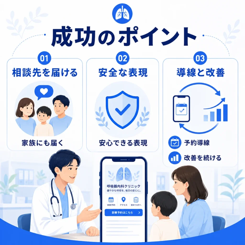 呼吸器内科クリニックのFacebook広告成功に必要な相談先の訴求、安全な表現、導線改善をまとめたイラスト