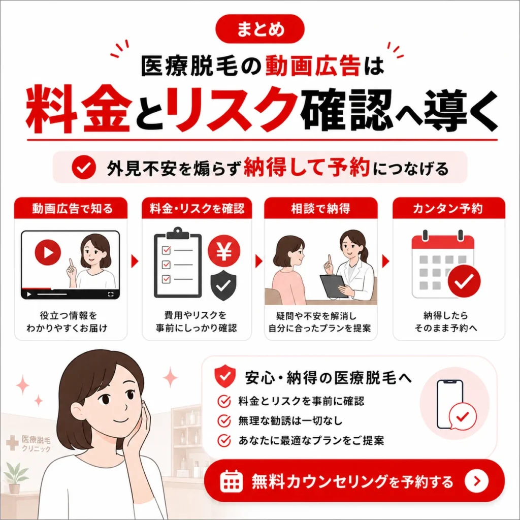 医療脱毛のYouTube広告で外見不安を煽らず料金とリスク確認へ導くまとめイラスト