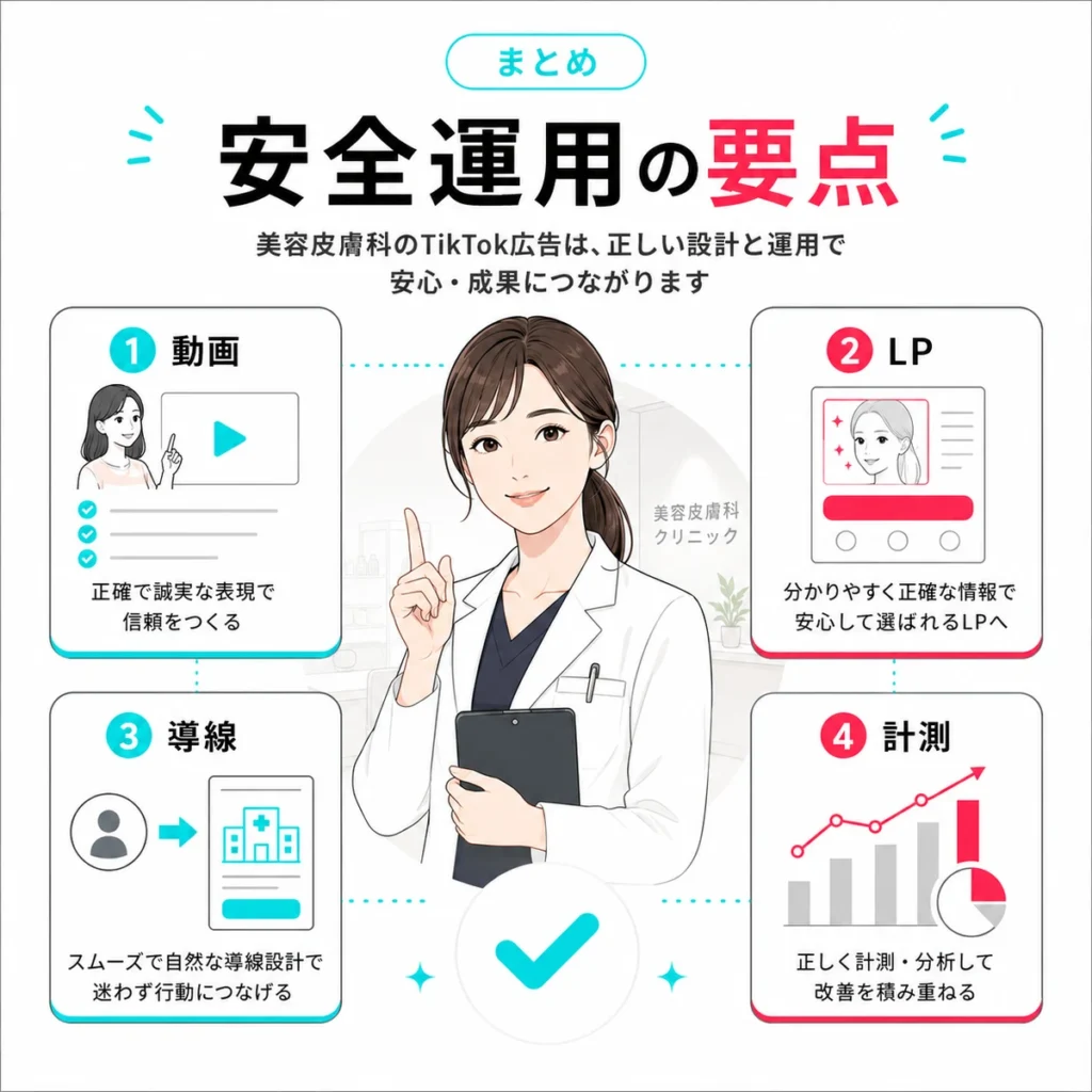 美容皮膚科クリニックのTikTok広告を動画、LP、導線、計測で安全に運用する要点をまとめたイラスト