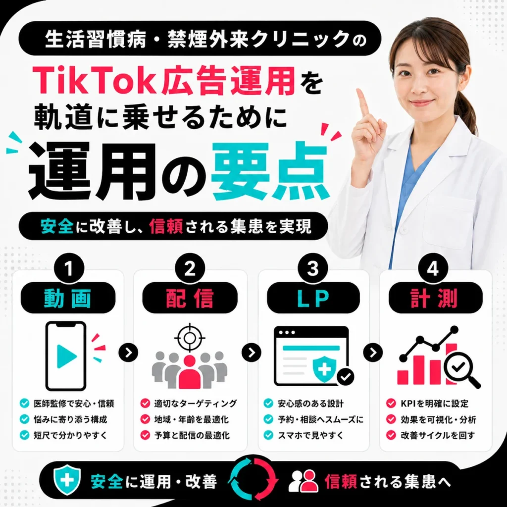 生活習慣病と禁煙外来のTikTok広告運用を安全に改善する要点をまとめたイラスト