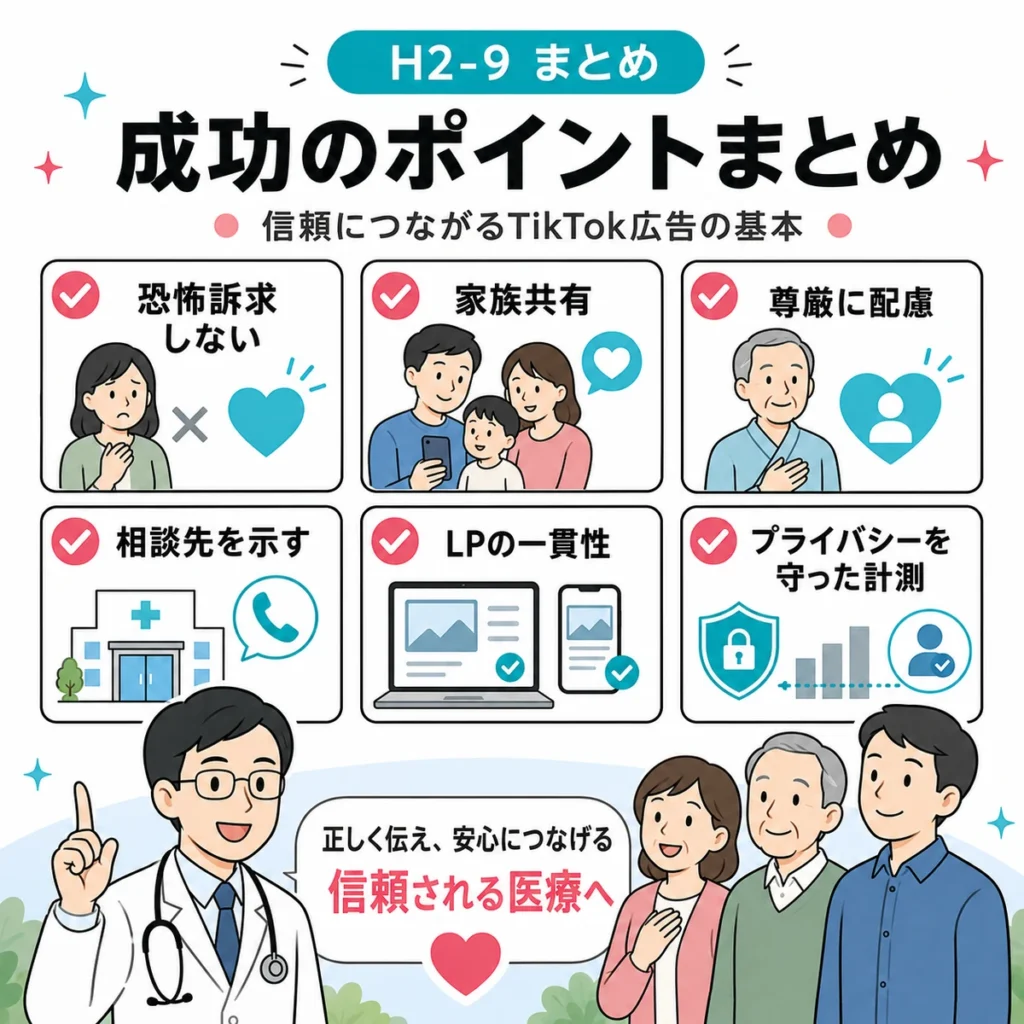 腎臓内科・人工透析クリニックのTikTok広告成功ポイントをまとめたイラスト