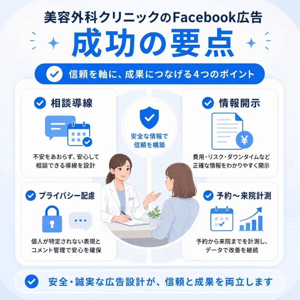 美容外科クリニックのFacebook広告を安全に成功させるための相談導線、情報開示、計測の要点をまとめたイラスト