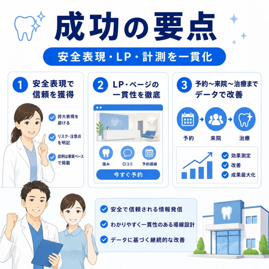 審美歯科とホワイトニングのFacebook広告集患を成功させる要点をまとめたイラスト