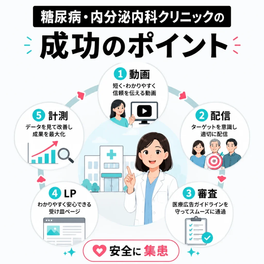 糖尿病・内分泌内科クリニックのTikTok広告成功ポイントを動画、配信、審査、LP、計測でまとめたイラスト