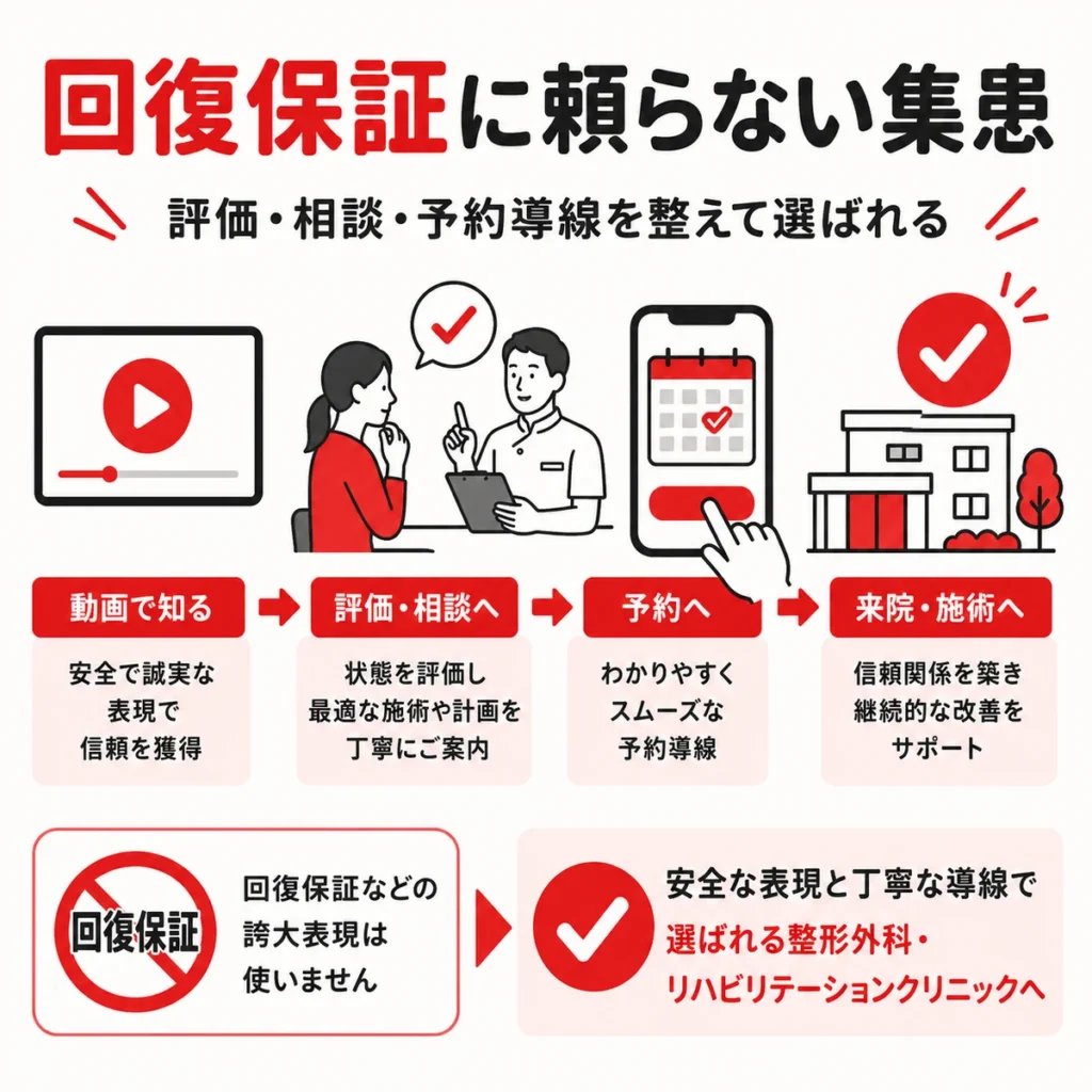 回復保証に頼らず評価相談と予約導線を整えるリハビリ広告集患のまとめイラスト