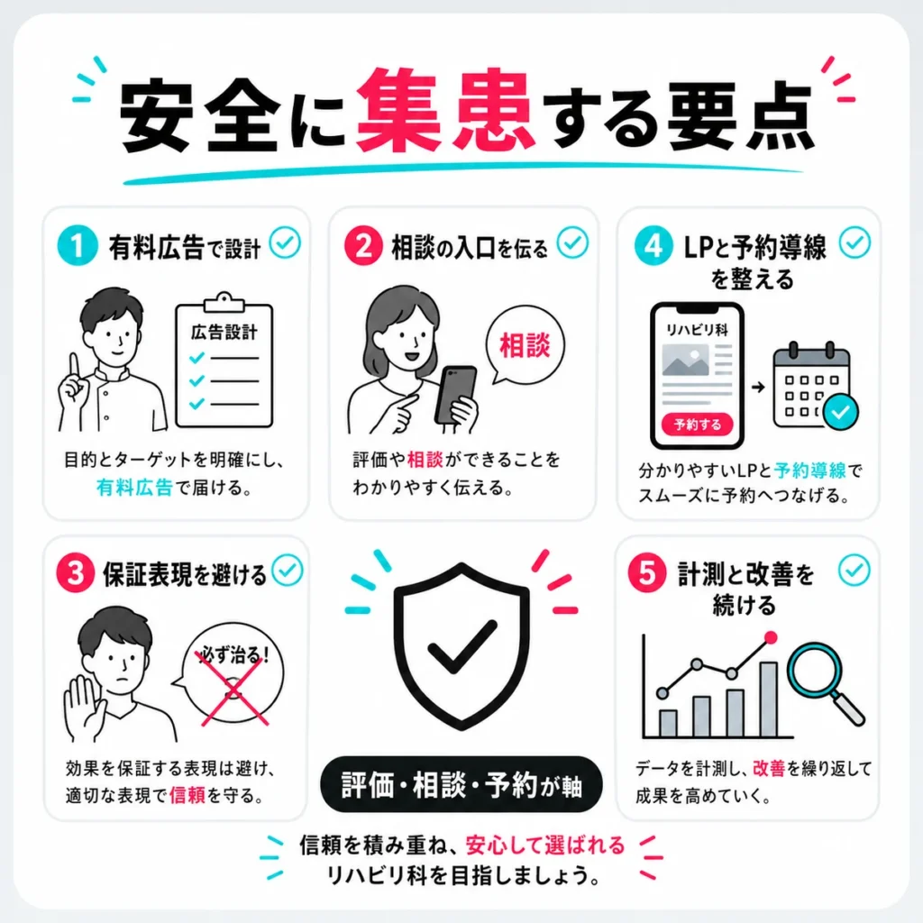 リハビリテーション科クリニックのTikTok広告を安全に集患へつなげる要点をまとめたイラスト
