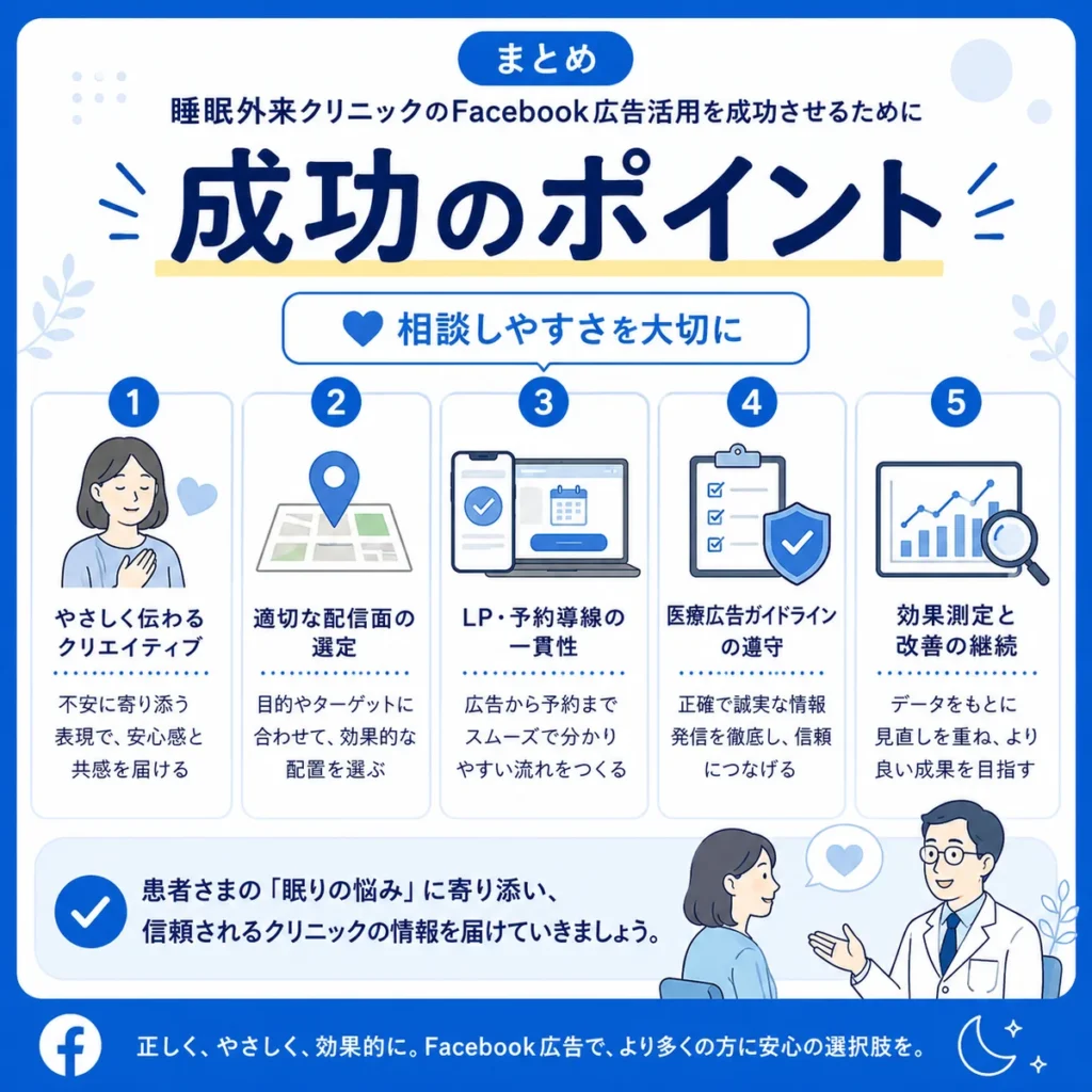 睡眠外来クリニックのFacebook広告活用を成功させるための要点をまとめたイラスト