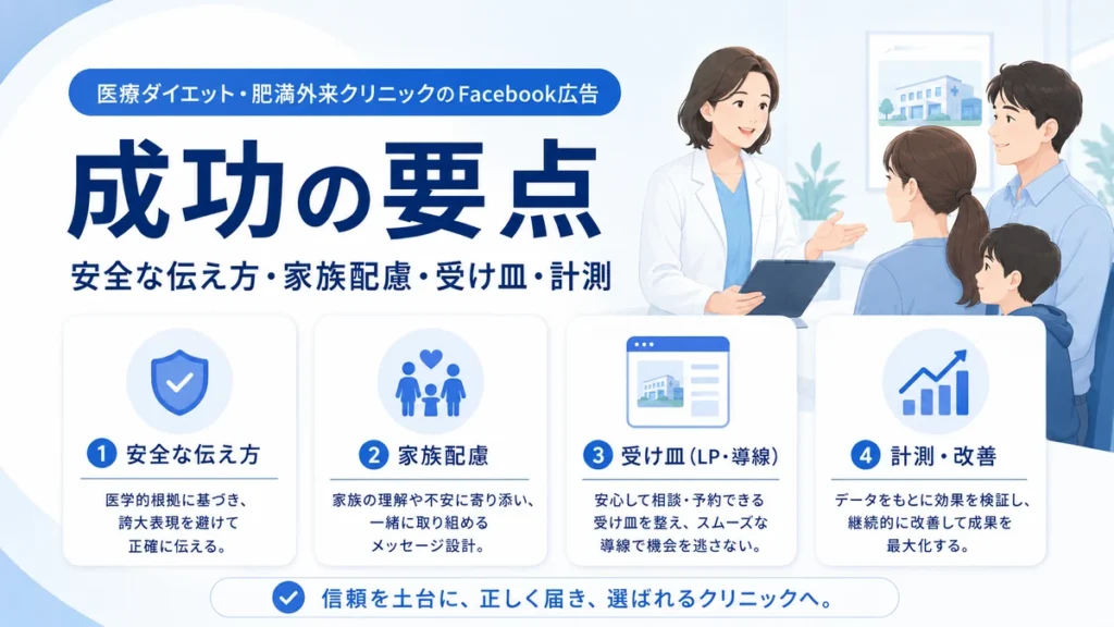 安全な伝え方や家族配慮や受け皿や計測など成功要点をまとめたイラスト