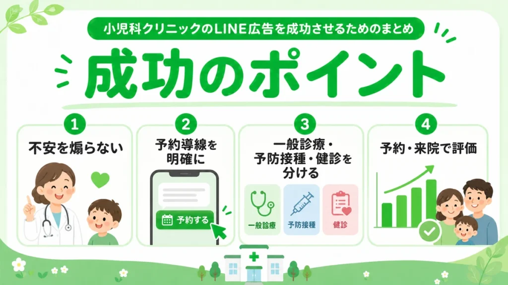 小児科クリニックのLINE広告を成功させるための重要ポイントをまとめたイラスト