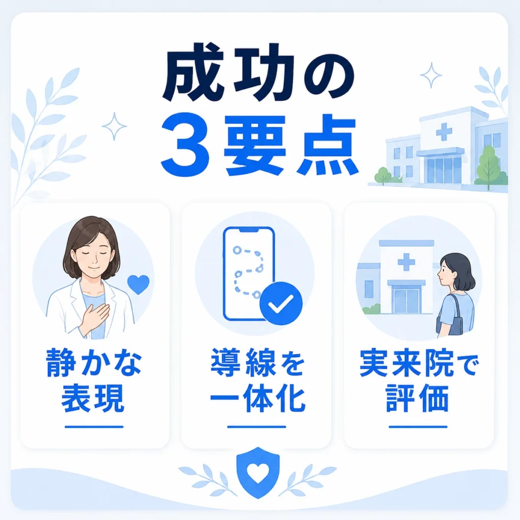静かな表現、導線の一体化、実来院での評価という成功要点をまとめたイラスト
