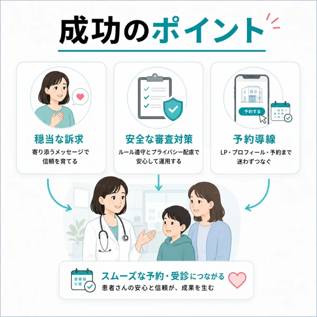 呼吸器内科クリニックのTikTok広告活用を成功させるための穏当な訴求と予約導線をまとめたイラスト