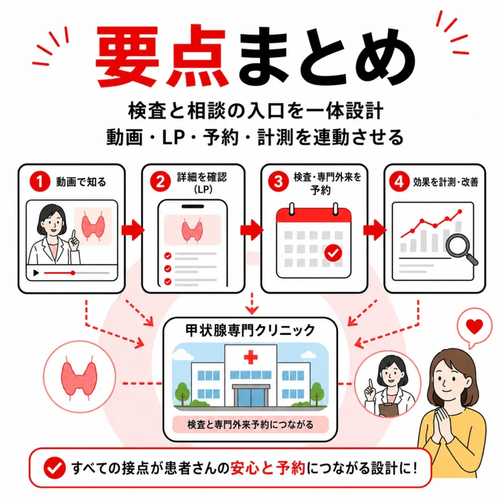 甲状腺専門クリニックの動画広告からLP、予約、計測改善までを一体設計する要点をまとめたイラスト
