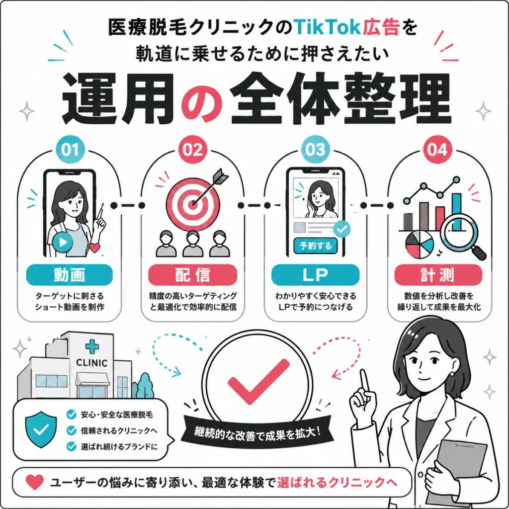 医療脱毛クリニックのTikTok広告運用を動画、配信、LP、計測の流れでまとめたイラスト