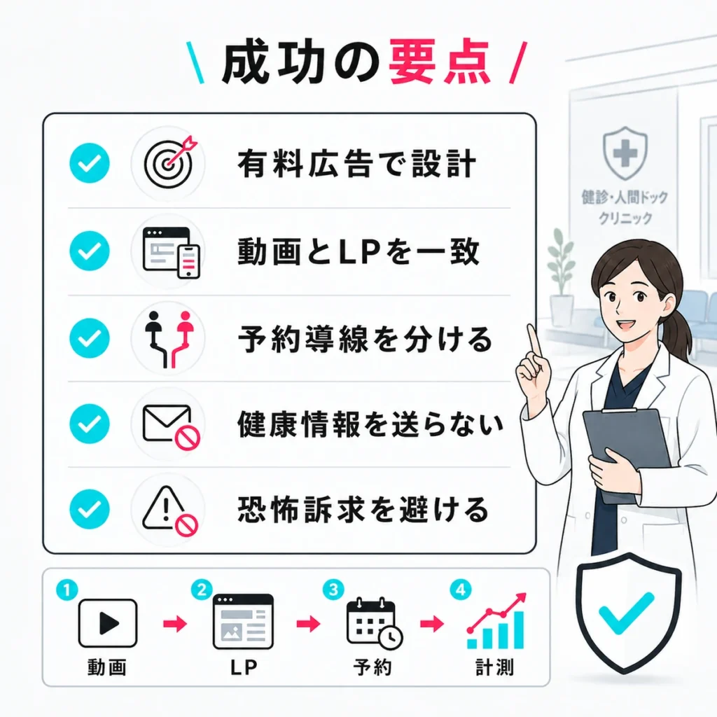 健診・人間ドッククリニックのTikTok広告運用で押さえるべき成功要点をチェックリスト形式で示すまとめ用イラスト