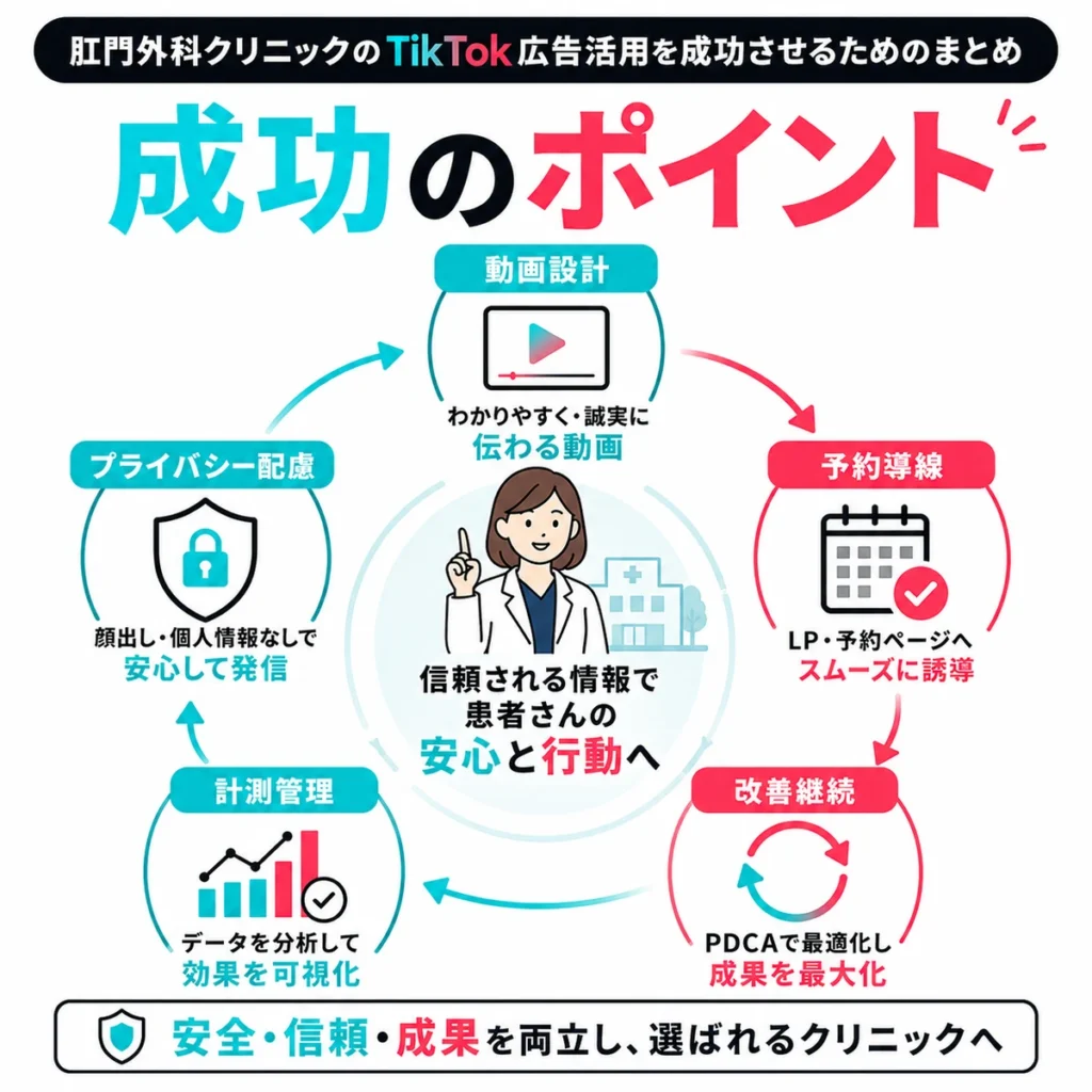 肛門外科クリニックのTikTok広告活用で重視する動画設計、予約導線、計測管理をまとめたイラスト