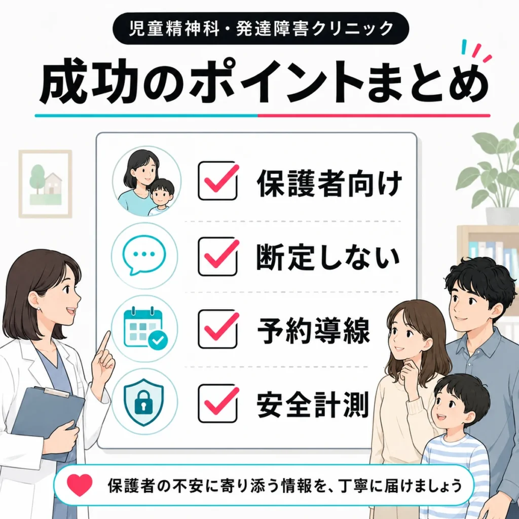保護者向け、断定しない表現、予約導線、安全計測をまとめた成功ポイントのイラスト