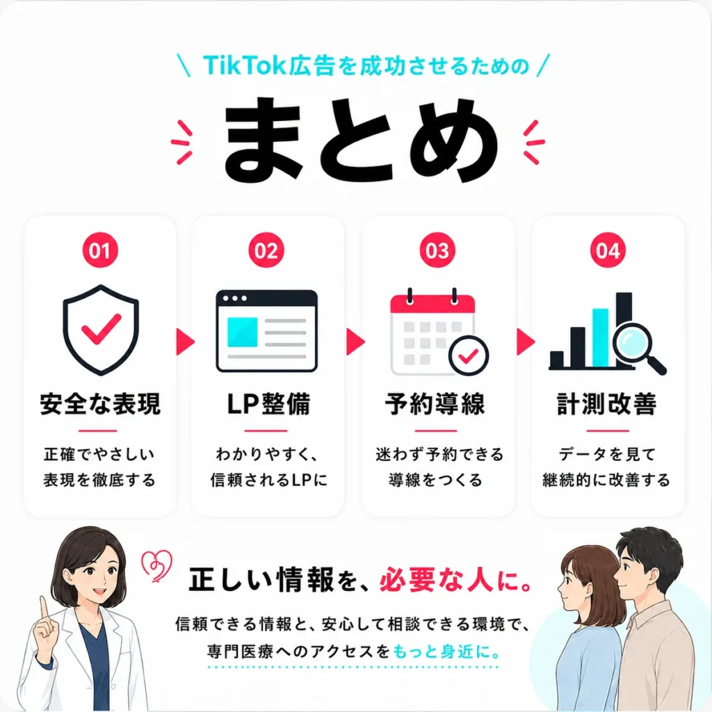 安全な表現、LP整備、予約導線、計測改善の4要素でTikTok広告成功の要点をまとめたイラスト