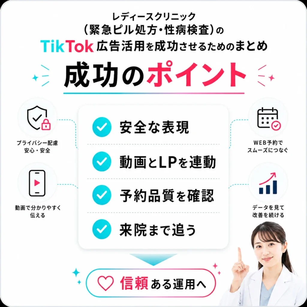 レディースクリニックのTikTok広告活用を成功させるための安全な表現と運用ポイントをまとめたイラスト