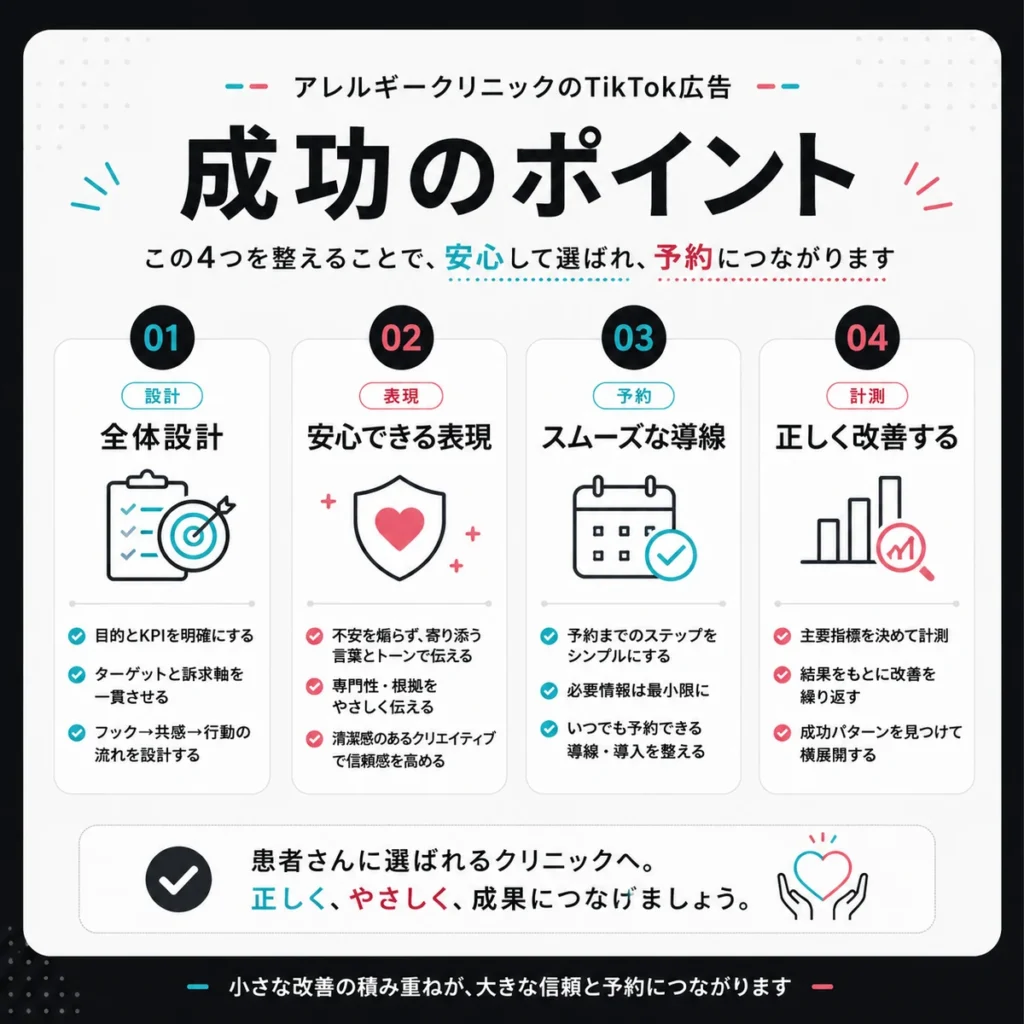 アレルギー科クリニックのTikTok広告を成功させるための設計・表現・予約・計測の要点をまとめたイラスト