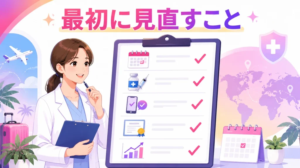 トラベルクリニックのInstagram広告で最初に見直す項目をまとめたイラスト