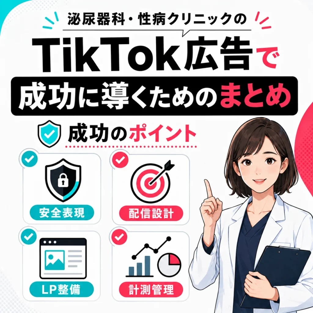 泌尿器科クリニックのTikTok広告運用を成功に導くポイントをまとめたイラスト