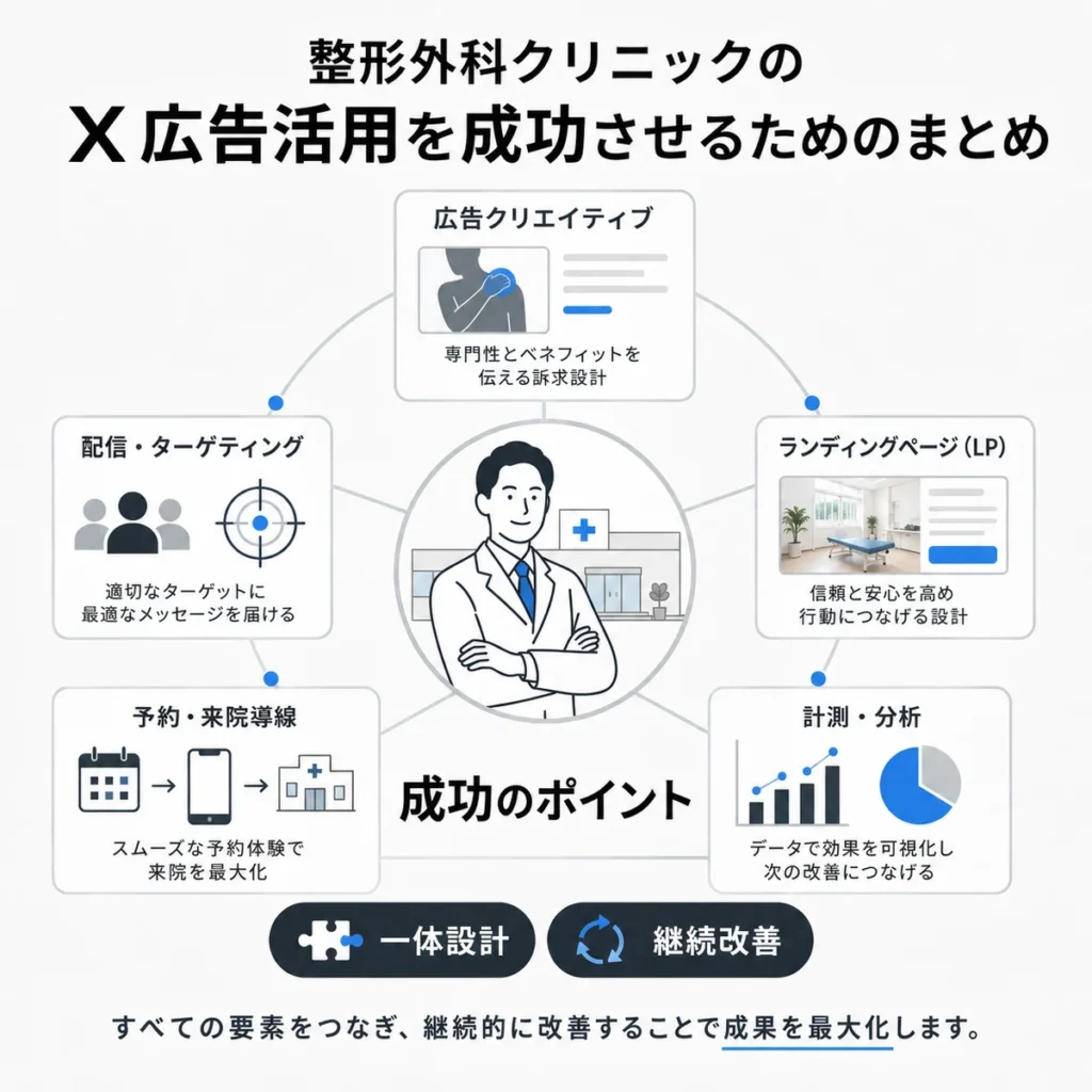 整形外科クリニックのX広告成功に必要な配信、LP、予約導線、計測の一体設計を示すまとめイラスト